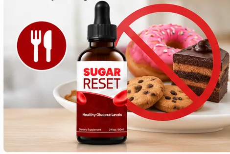 Doughnuts and cake behind a red prohibition symbol next to Sugar Reset