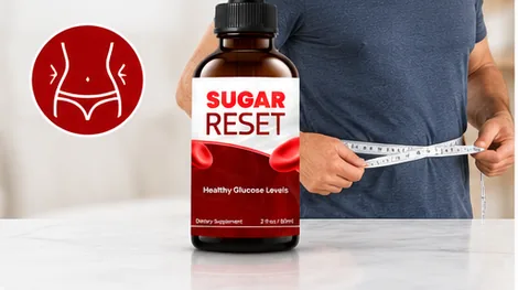 An older man measuring his waist with a tape beside a bottle of Sugar Reset