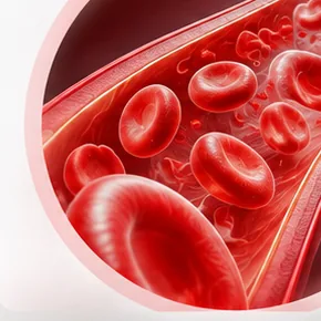 Illustration of red blood cells moving through a vessel