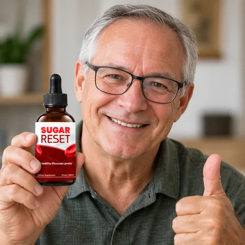 A customer wearing glasses giving a thumbs up with Sugar Reset